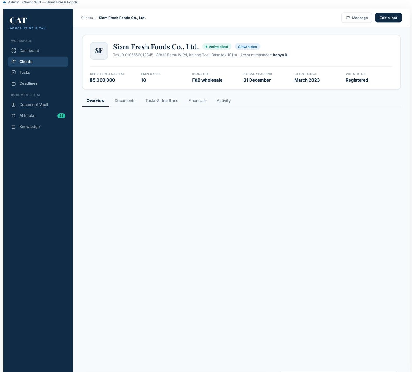 Siam Fresh Foods — services, tasks, financials, in one view.